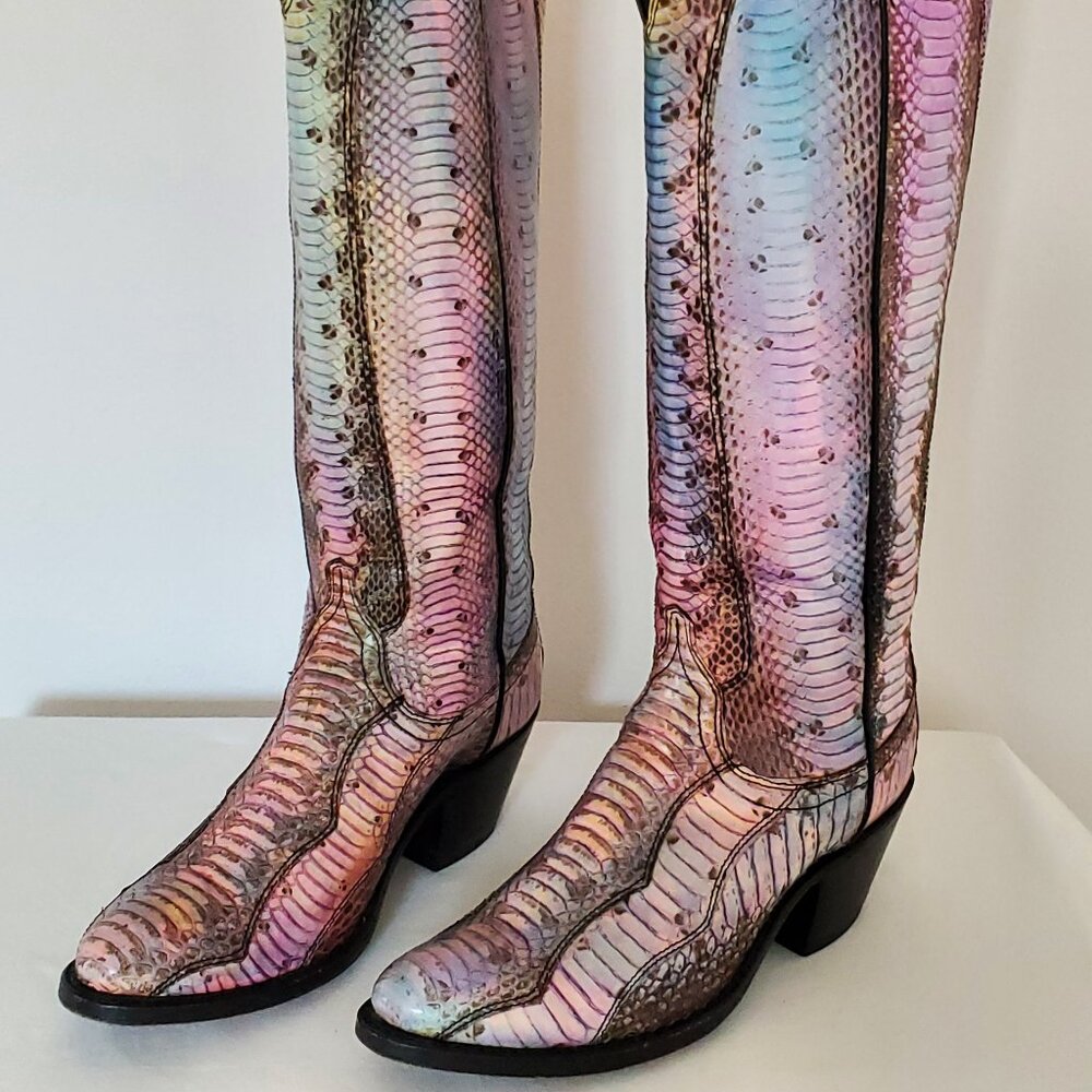 Cowgirl python snakeskin boots painted pink purple blue western rodeo equestrian - Picture 5 of 8